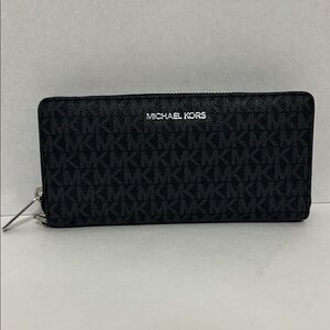 Michael Kors Black MK Logo Zip Wallet with Silver Hardware